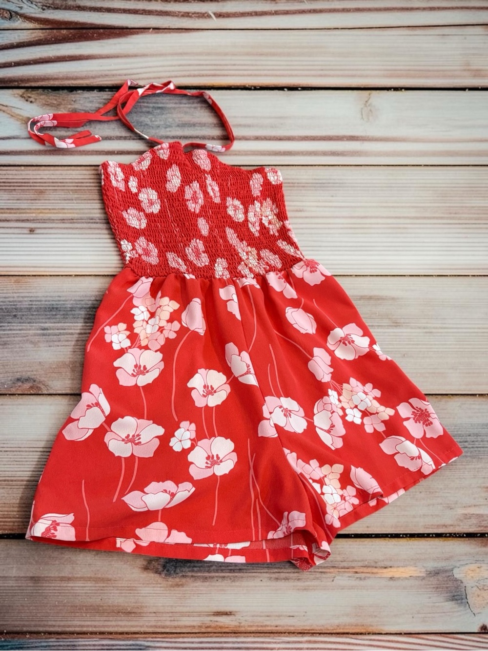 NWOT Lily Rose Junior’s XS Smocked Romper w/ Tie Neck Halter & Floral Print - Picture 3 of 12